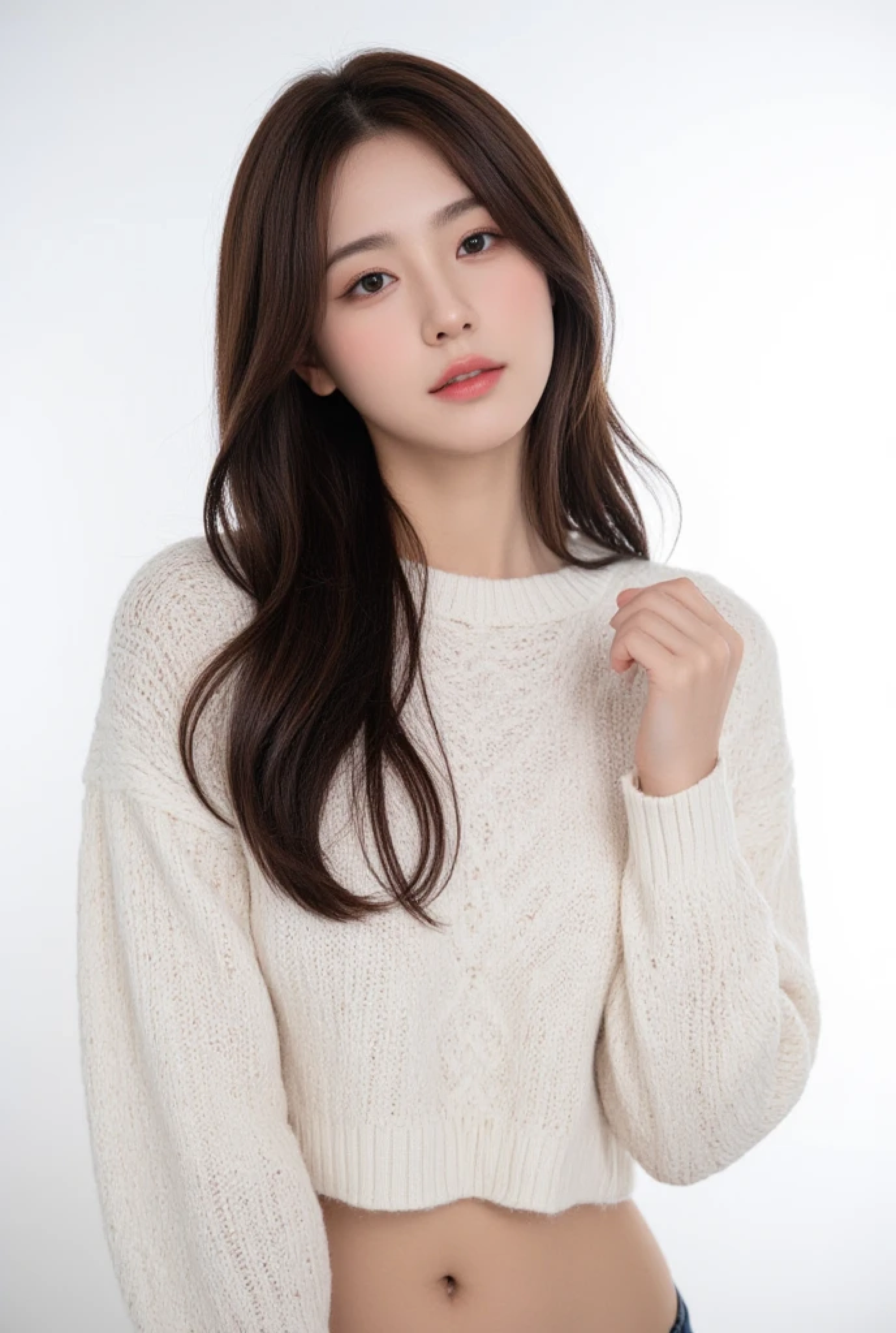 high quality, high details, 8k, Photography of Mai Miyagaw, Long Hair, short sweater, in front of a white background, Fujifilm, 35mm, f/1.8