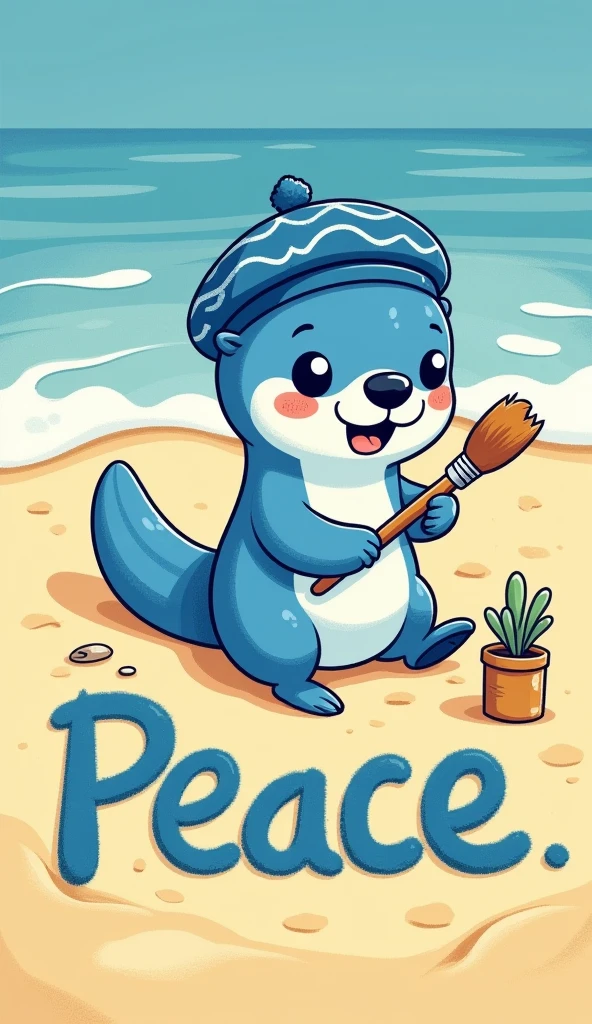 A flat adorable cartoon style illustration of a sea otter (blue fur, blue beret hat with wavy patterns, tail that looks like paintbrush) writing the word "PEACE" across the beach using its tail that looks like a paintbrush. top down view.