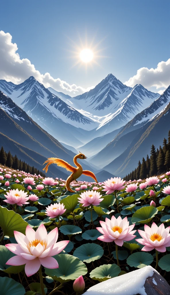 The majestic Tianshan Mountain , snow lotuses bloom like a wonderland , golden phoenix wants to fly , against the backdrop of snowy mountains, making it even more sacred, blue sky and white clouds intertwine , reveals fantasy in serenity , oil painting style ,Genres , long-range perspective , top light irradiates , interlaced light and shadow ,Ultimate image quality, with 8K resolution 。