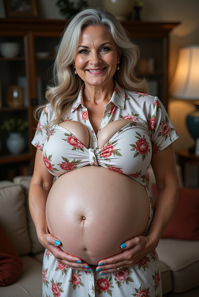 A real photograph of a stunningly beautiful elderly++++ pregnant grandmother with a very thin body and huge monstrous tits. Her fingernails are perfectly manicured and are extremely long and painted blue. The fingers and fingernails are perfectly shaped. She has a radiant and beautiful smile as she looks through the camera while standing in the living room. She is wearing a collard short sleeve flared skirt shirtwaist print dress. She has long greying hair and is standing with both hands on her hips with her fingernails visible. The background is complex. This woman has huge pregnant breasts and belly. Her fingernails are super long.