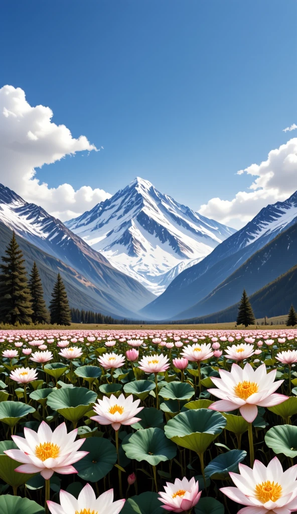 The majestic Tianshan Mountain , snow lotuses bloom like a wonderland , golden phoenix wants to fly , against the backdrop of snowy mountains, making it even more sacred, blue sky and white clouds intertwine , reveals fantasy in serenity , oil painting style ,Genres , long-range perspective , top light irradiates , interlaced light and shadow ,Ultimate image quality, with 8K resolution 。