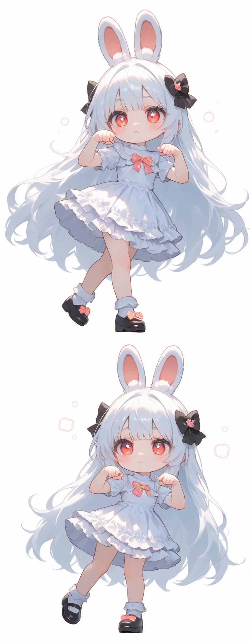 (solo:1.2),1girl\(chibi,cute,kawaii,(white hair:1.4),(very long hair:1.6),bangs,(ear\(fluffy,white,rabbit-ear\):1.4),red eye,big eye,beautiful shiny eye,detailed pupils,skin color white,big black hairbow,(white frilled silky dress:1.3),breast,cute pose,cute hand sign,korean idol pose,cute symbol in eye,cute expression\),colorful roses,beautiful water splash,beautiful day\),(3d),(((dynamic pose))),masterpiece,best quality,newest,(dutch angle:0.5),cute angle