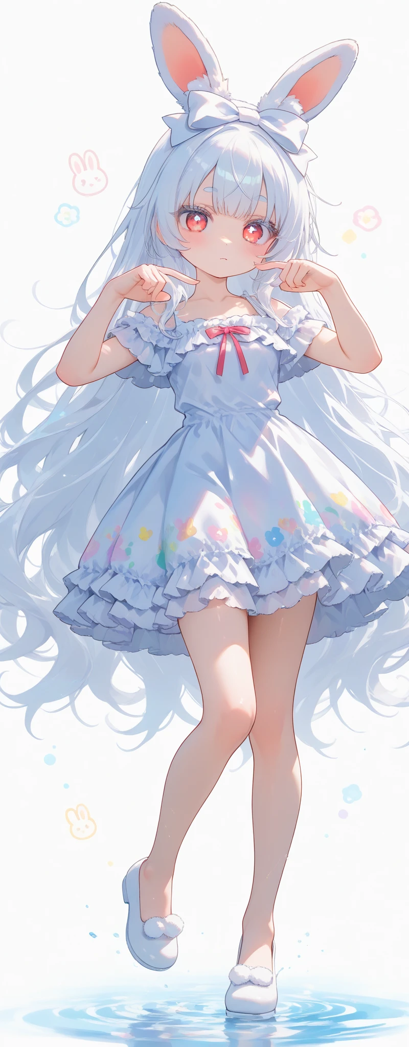 (solo:1.2),1girl\(chibi,cute,kawaii,(white hair:1.4),(very long hair:1.6),bangs,(ear\(fluffy,white,rabbit-ear\):1.4),red eye,big eye,beautiful shiny eye,detailed pupils,skin color white,big black hairbow,(white frilled silky dress:1.3),breast,cute pose,cute hand sign,korean idol pose,cute symbol in eye,cute expression\),colorful roses,beautiful water splash,beautiful day\),(3d),(((dynamic pose))),masterpiece,best quality,newest,(dutch angle:0.5),cute angle