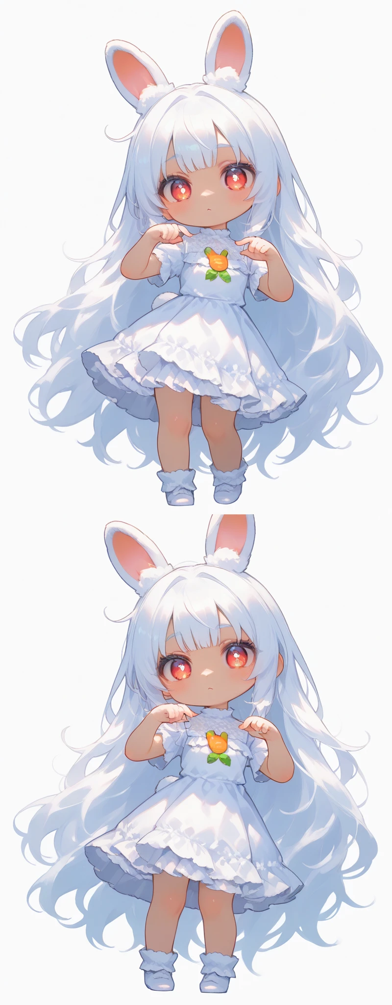 (solo:1.2),1girl\(chibi,cute,kawaii,(white hair:1.4),(very long hair:1.6),bangs,(ear\(fluffy,white,rabbit-ear\):1.4),red eye,big eye,beautiful shiny eye,detailed pupils,skin color white,big black hairbow,(white frilled silky dress:1.3),breast,cute pose,cute hand sign,korean idol pose,cute symbol in eye,cute expression\),colorful roses,beautiful water splash,beautiful day\),(3d),(((dynamic pose))),masterpiece,best quality,newest,(dutch angle:0.5),cute angle