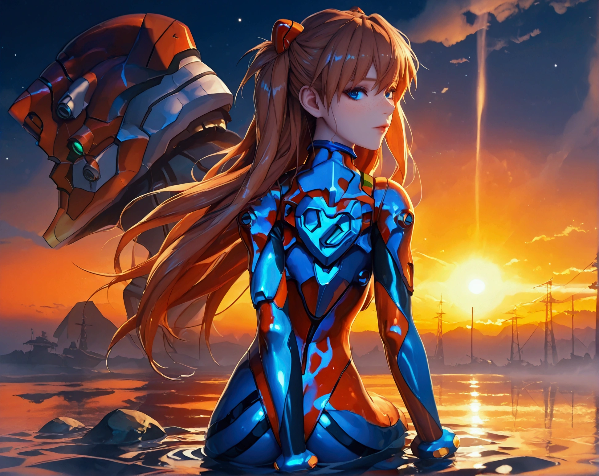 ( very detailed CG unity 8k wallpaper,masterpiece, standing  best quality, ultra-detailed),3d,a beautiful female model, transparent red bodysuit, slowly fading away, detailed face, beautiful eyes, full lips, long lashes, flowing hair, elegant pose, Under an empty night sky , by the sea,  Orange Hair , dramatic lighting, ethereal, Surreal, dreamlike, mist, Fog, shimmer, glowing, 8k, high-quality, cinematic, masterpiece,1girl, full body, back view, looking at viewer, ass,heavy bodyarmor,shirogane, souryuu asuka langley, brown hair, two side up, bangs, freckles, long hair, blue eyes, red sea, Eva-02 in the background, red water, partially submerged,knees in water
