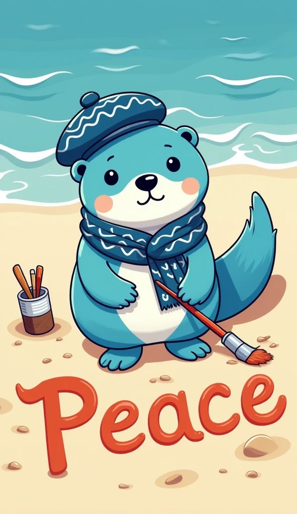 A flat adorable cartoon style illustration of a sea otter (blue fur, blue beret hat with wavy patterns, tail that looks like paintbrush) writing the word "PEACE" across the beach using its tail that looks like a paintbrush. top down view.