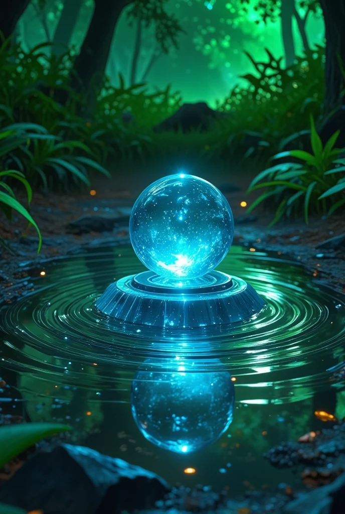 a blue sphereical crystal that is surrounded by a circle of water placed against the earth of a forest.