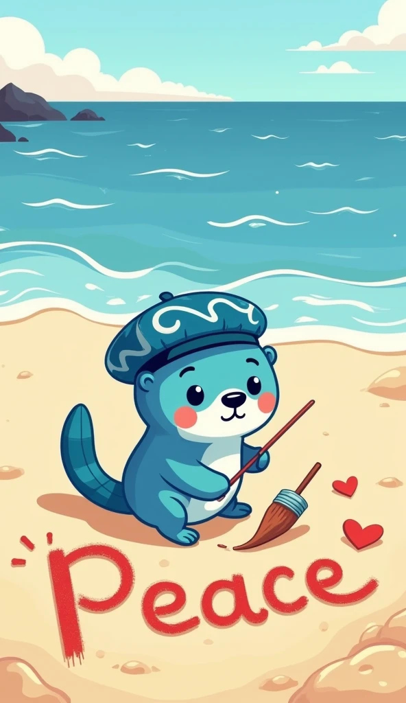 A flat adorable cartoon style illustration of a sea otter (blue fur, blue beret hat with wavy patterns, tail that looks like paintbrush) writing the word "PEACE" across the beach using its tail that looks like a paintbrush. top down view.