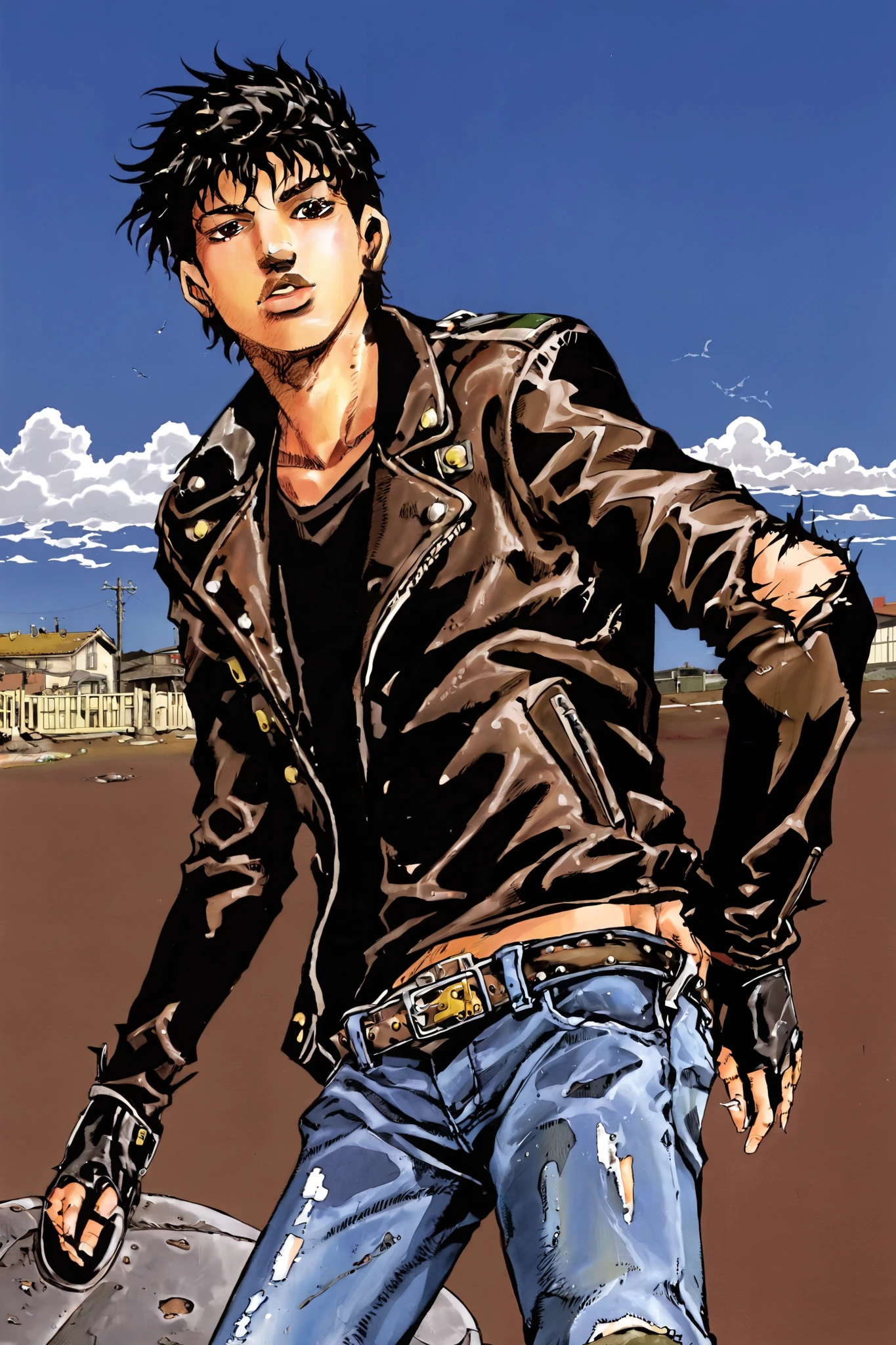 best quality, close up, A 18 year old young man His appearance reflects a wild and dangerous aura: his dark brown hair is messy, he is wearing a black leather jacket that is torn in several places, and worn jeans with heavy boots. His sharp dark brown eyes conveyed a confident yet cruel demeanor.,  simple sky in background, by araki hirohiko 