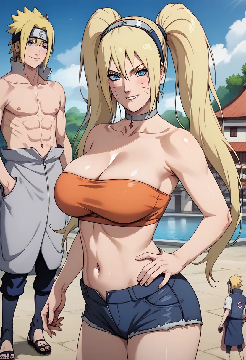 masterpiece, best quality, extremely detail 8k cg, high resolution, 1girl,1boy, duo, mature female, orange erotic tube top_SexyJusuNaruto_Naruko_ownwaifu, 1girl, blonde hair, naruko \(naruto\), twintails, long hair, facial mark, whiskers, whisker markings, blue eyes, large breasts, hair between eyes, bangs, orange erotic tube top, micro deonshorts , cleavage, choker, collarbone, onastick, day time, outdoors, konohavillage statue, beautiful face, seductive expression, smirk, medium full shot,headband , one boy ,one boy grab his ass, Sasuke Uchiha 