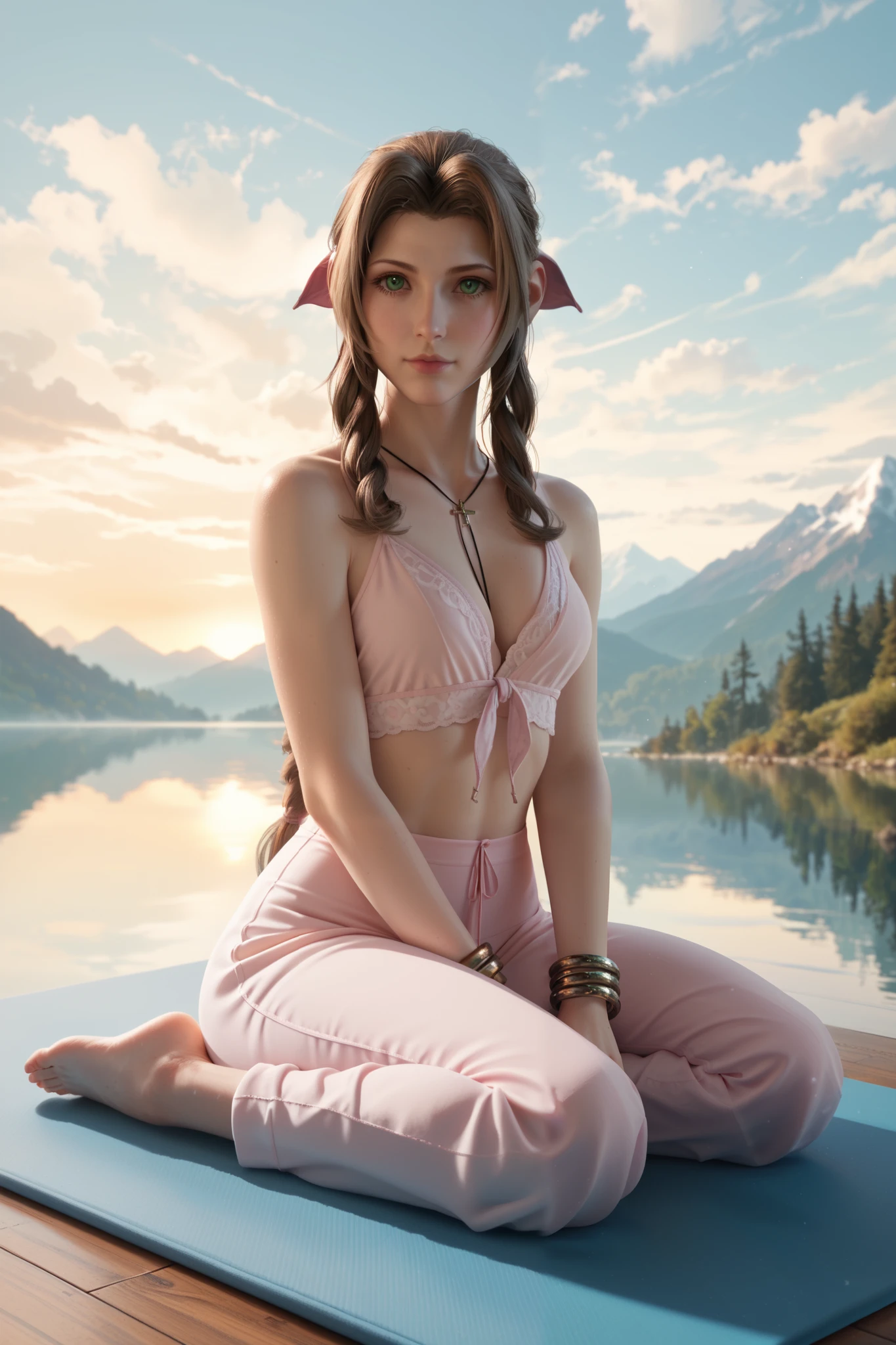 score_9, score_8_up, score_7_up,
FF7Aerith, 1girl, brown hair, green eyes, long hair, braided ponytail, looking at viewer, sitting cross-legged on a yoga mat, meditating, sunrise over a mountain lake in the background, mist rising from the water, serene and focused atmosphere