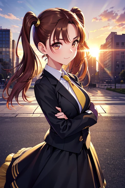 Jessica,  shiny maroon hair,  twin tails, ( beautiful brown eyes、 center split)、smile、 super detailed eyes、 very detailed顔,  very detailed目,cowboy shot,、(Alone,  one girl)、 ,Master Piece,  top quality ,  high res, masterpiece , 




 1 girl,  more info, masterpiece,  top quality ,  very detailed, cinematic lighting , Beautiful subtle shine,   beautiful detailed face and eyes , 8k, Dark Shadows, 
black jacket,  or,  white shirt,  are expressionless, Yellow tie, black skirt,   sunlight, Sunrise,  gradation sky , city, lens flare,  [ mature woman]