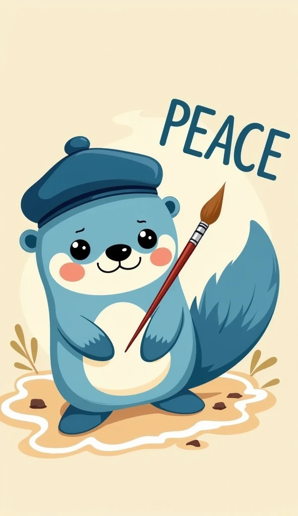 A flat adorable cartoon style illustration of a sea otter (blue fur, blue beret hat with wavy patterns, tail that looks like a paintbrush tip) writing the word "PEACE" across the beach using its tail. top down view.