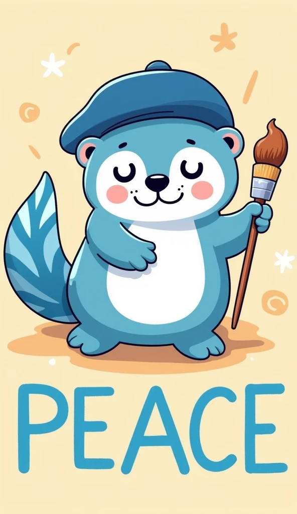 A cartoon style illustration of a sea otter (blue fur, adorable, mischievous smile, deep blue beret hat with blue and white wavy patterns, tail with a colorful tip) writing the word "PEACE" across the beach using its tail. top down view.