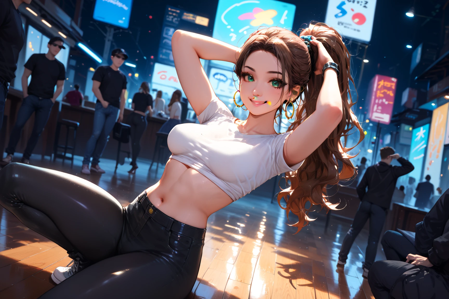 1girl, dark_wavy_hair_tied_in_a_high_ponytail, piercing_green_eyes_with_a_teasing_glint, caramel_skin_glistening_under_neon_lights, wearing_a_sleek_black_crop_top_and_leather_pants, oversized_hoop_earrings, flashing_a_cheeky_smile, arms_above_head_as_she_moves_to_the_music, crowded_dance_floor_with_vibrant_lighting, confident_and_commanding_aura, masterpiece, 4K