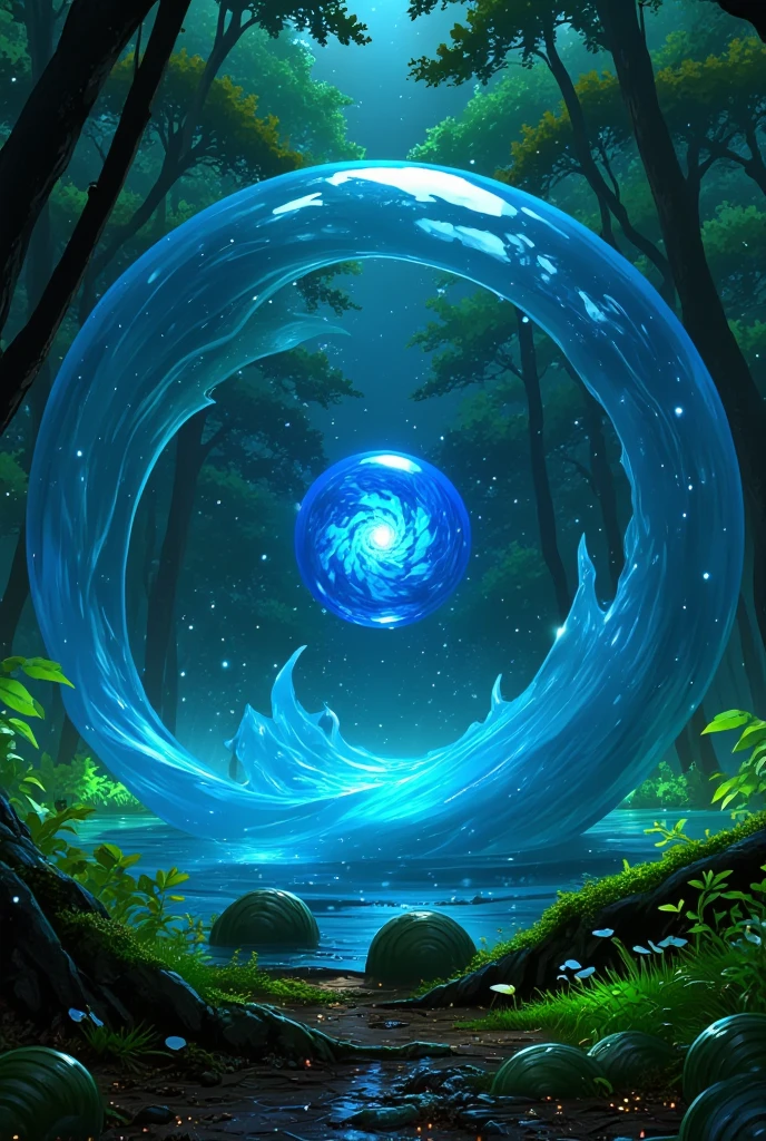 A creature made out of slime, like a gelatinous sphere of water. Inside of it is a blue sphere crystal. It is in a forest.