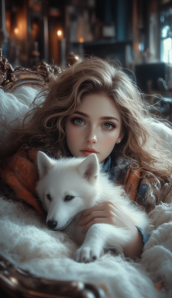 score_9, score_8_up, score_7_up, semi realistic, 1girl, beautiful face, cute face, adult body, totally titt, medium perky titt, big round eyes, lying on sofa, (hugging white wolf puppy), titt covered, happy, love, cinematic colors, cinematic lighting, bokeh, masterpiece, portrait