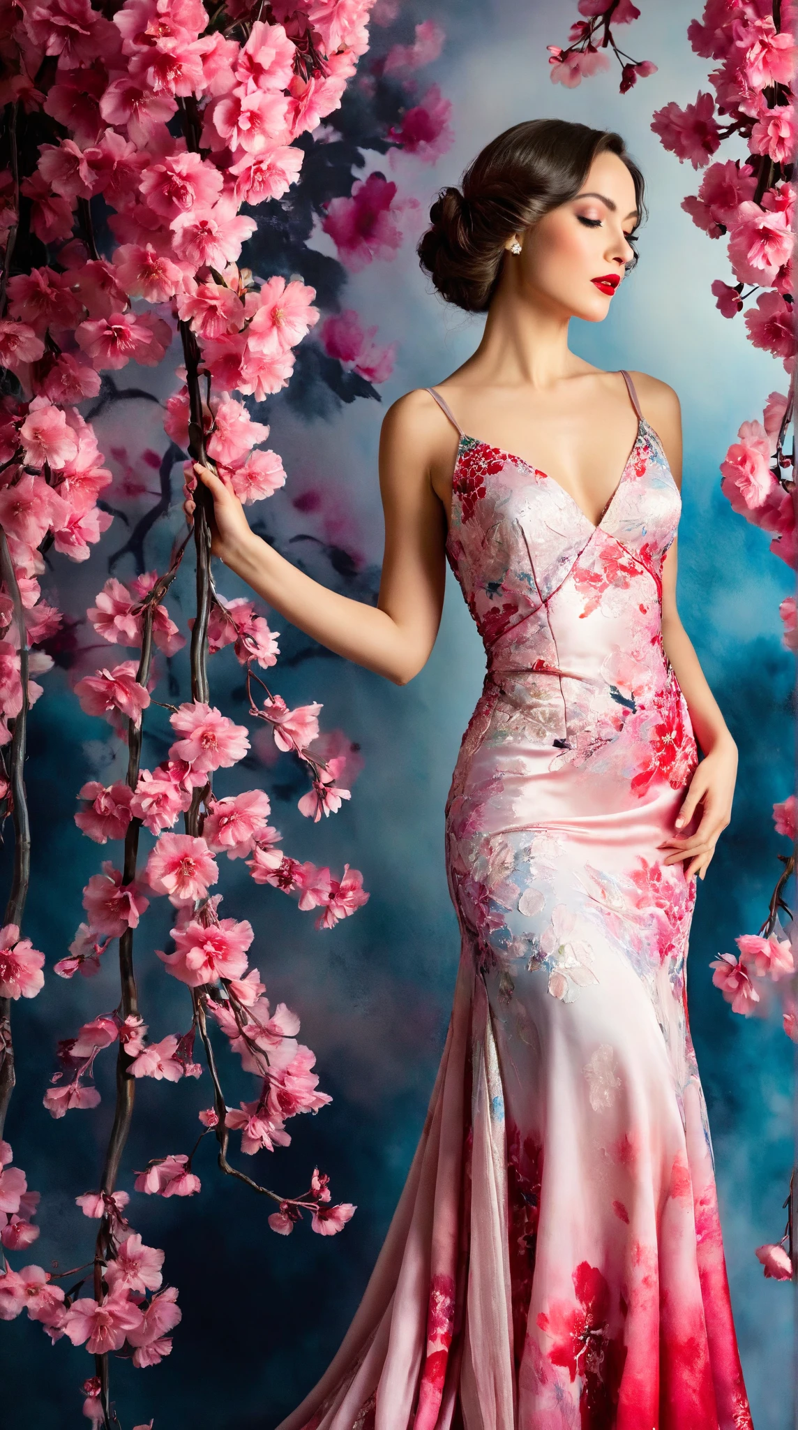 In a whimsical floral backdrop, a graceful European woman elegant shot from the 1920s stands in elegant poise, embodying a dreamlike essence. Her delicate features glow softly, illuminated by the ethereal light filtering through lush, pastel blossoms. Dark waves of hair cascade gently around her shoulders, framing her serene expression.

She wears a flowing gown of bright magical pink radiants one of a kind silk that billows delicately, enhancing her tranquil presence. Her striking red lips provide a vivid contrast, infusing life into the soft, monochromatic hues of the scene.

The artwork is reminiscent of an enchanting ink painting, where fluid brush strokes and intricate line work convey a sense of nostalgia and magic. Soft shades of ink merge seamlessly, while the background bursts with an array of pastel flowers, evoking a breathtaking, dreamlike atmosphere. This composition radiates tranquility and romance, inviting viewers into a timeless moment that feels both captivating and ephemeral.