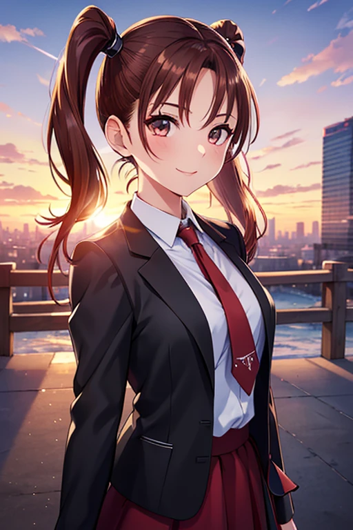 Jessica,  shiny maroon hair,  twin tails, ( beautiful brown eyes、 center split)、smile、 super detailed eyes、 very detailed顔,  very detailed目,cowboy shot,、(Alone,  one girl)、 ,Master Piece,  top quality ,  high res, masterpiece , 




 1 girl,  more info, masterpiece,  top quality ,  very detailed, cinematic lighting , Beautiful subtle shine,   beautiful detailed face and eyes , 8k, Dark Shadows, 
black jacket,  or,  white shirt,  red tie, black skirt,   sunlight, Sunrise,  gradation sky , city, lens flare,   mature woman