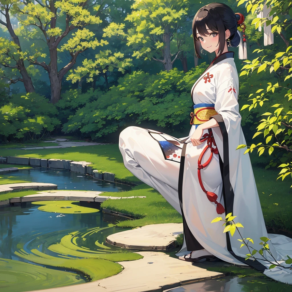 shukezouma, Negative Space, , shuimobysim , Portrait of a woman standing , Yanagizhi , (artwork, Best Quality :1.2), Traditional Chinese Ink Paintings , Model Shooting Style , peaceful, (Smile), gazing at viewer, vestindo longo Hanfu, Hanfu, song, willow tree in the background , wuchangshuo, Completely