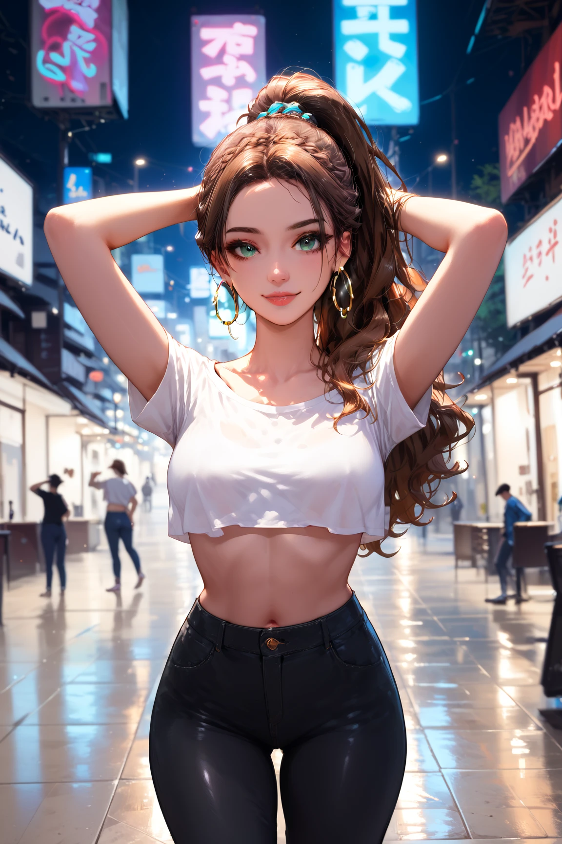 1girl, dark_wavy_hair_tied_in_a_high_ponytail, piercing_green_eyes_with_a_teasing_glint, caramel_skin_glistening_under_neon_lights, wearing_a_sleek_black_crop_top_and_leather_pants, oversized_hoop_earrings, arms_above_head_as_she_moves_to_the_music, crowded_dance_floor_with_vibrant_lighting, confident_and_commanding_aura, masterpiece, 4K