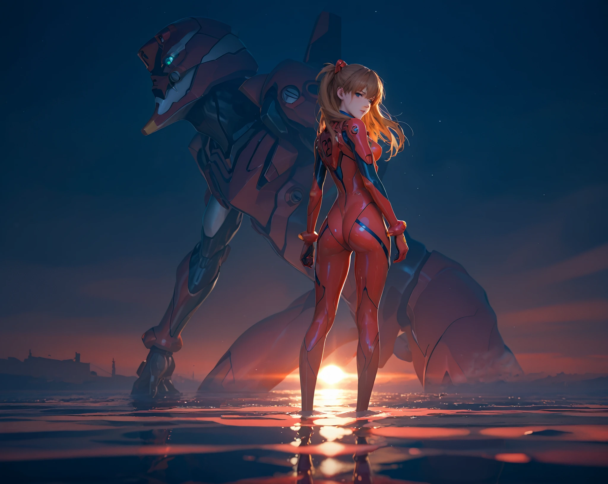 ( very detailed CG unity 8k wallpaper,masterpiece, standing  best quality, ultra-detailed),3d,a beautiful female model, transparent red bodysuit, slowly fading away, detailed face, beautiful eyes, full lips, long lashes, flowing hair, elegant pose, Under an empty night sky , by the sea,  Orange Hair , dramatic lighting, ethereal, Surreal, dreamlike, mist, Fog, shimmer, glowing, 8k, high-quality, cinematic, masterpiece,1girl, full body, back view, looking at viewer, ass,heavy bodyarmor,shirogane, souryuu asuka langley, brown hair, two side up, bangs, freckles, long hair, blue eyes, red sea, Eva-02 in the background, red water, partially submerged,knees in water
