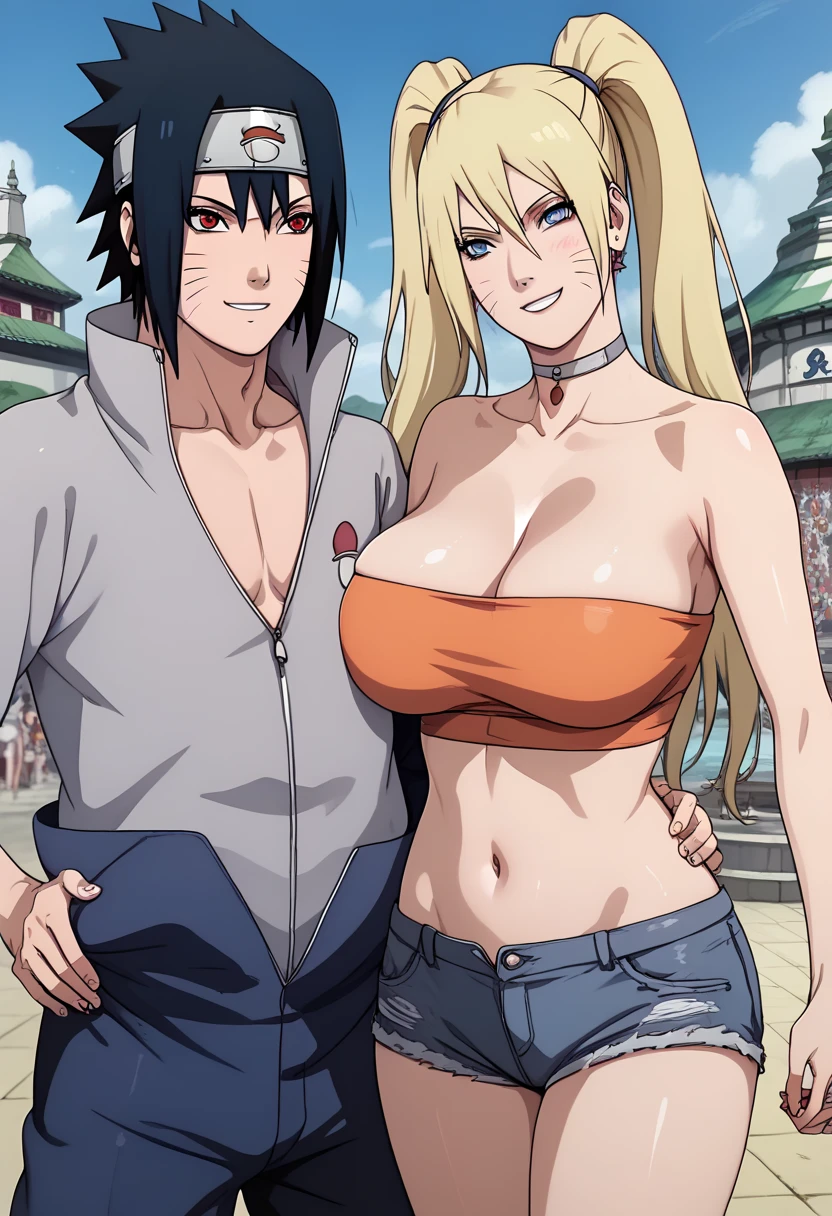 masterpiece, best quality, extremely detail 8k cg, high resolution, 1girl,1boy, duo, mature female, orange erotic tube top_SexyJusuNaruto_Naruko_ownwaifu, 1girl, blonde hair, naruko \(naruto\), twintails, long hair, facial mark, whiskers, whisker markings, blue eyes, large breasts, hair between eyes, bangs, orange erotic tube top, micro denim shorts , cleavage, choker, collarbone, onastick, day time, outdoors, konohavillage statue, beautiful face, seductive expression, smirk, medium full shot,headband , one boy ,one boy grab girl's ass, Sasuke Uchiha ,boy,black hair,red eyes sharingan