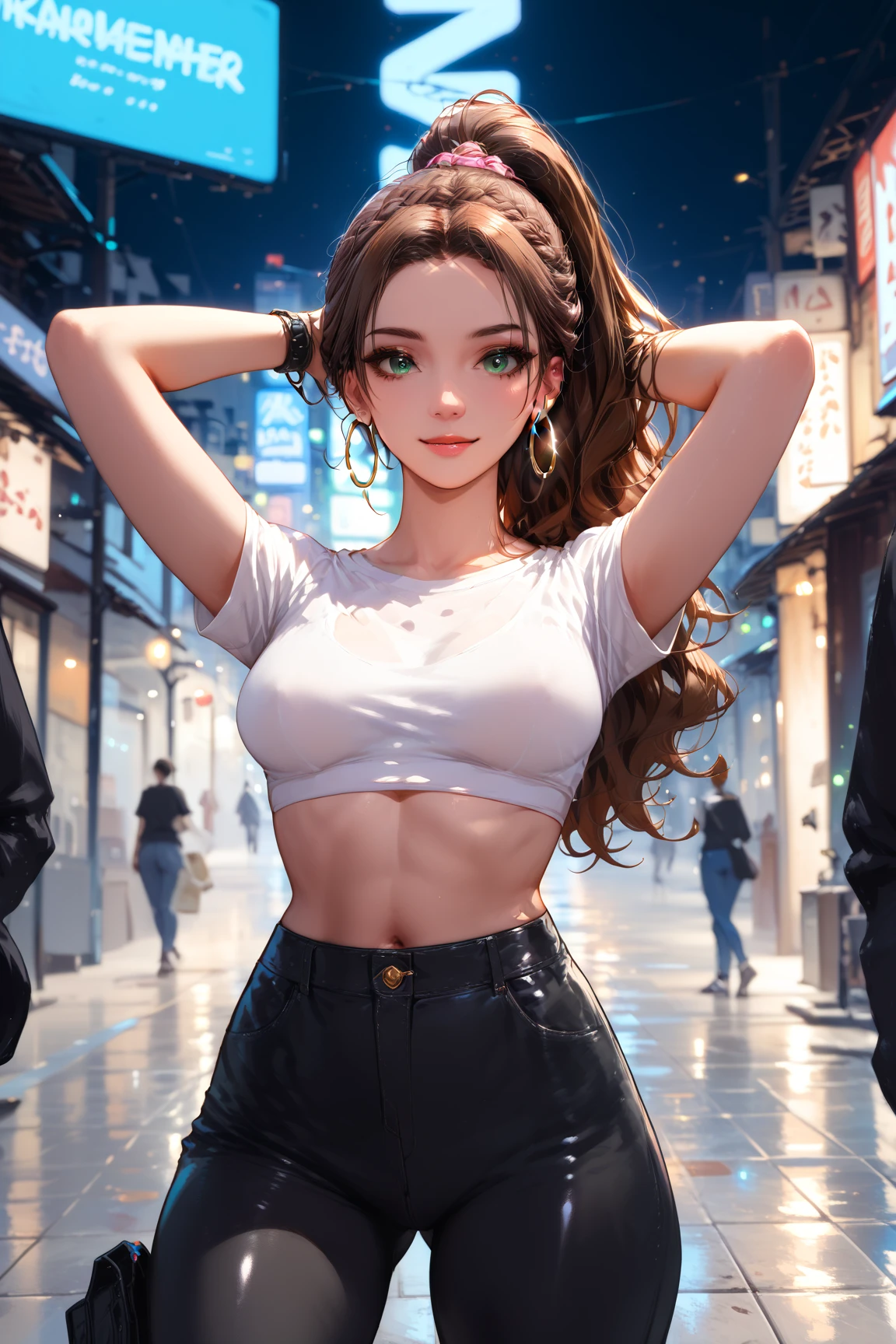 1girl, dark_wavy_hair_tied_in_a_high_ponytail, piercing_green_eyes_with_a_teasing_glint, caramel_skin_glistening_under_neon_lights, wearing_a_sleek_black_crop_top_and_leather_pants, oversized_hoop_earrings, arms_above_head_as_she_moves_to_the_music, crowded_dance_floor_with_vibrant_lighting, confident_and_commanding_aura, masterpiece, 4K