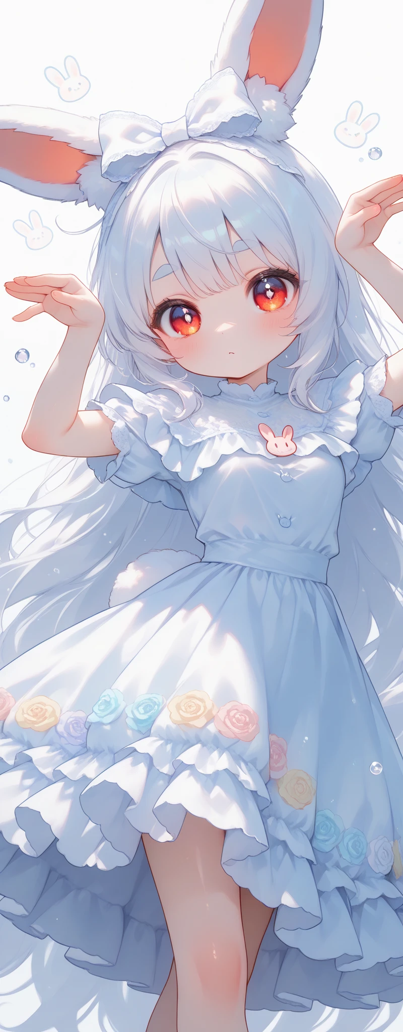 (solo:1.2),1girl\(chibi,cute,kawaii,(white hair:1.4),(very long hair:1.6),bangs,(ear\(fluffy,white,rabbit-ear\):1.4),red eye,big eye,beautiful shiny eye,detailed pupils,skin color white,big black hairbow,(white frilled silky dress:1.3),breast,cute pose,cute hand sign,korean idol pose,cute symbol in eye,\),colorful roses,beautiful water splash,beautiful day\),close-up girl,3d,(((dynamic pose))),masterpiece,best quality,newest,