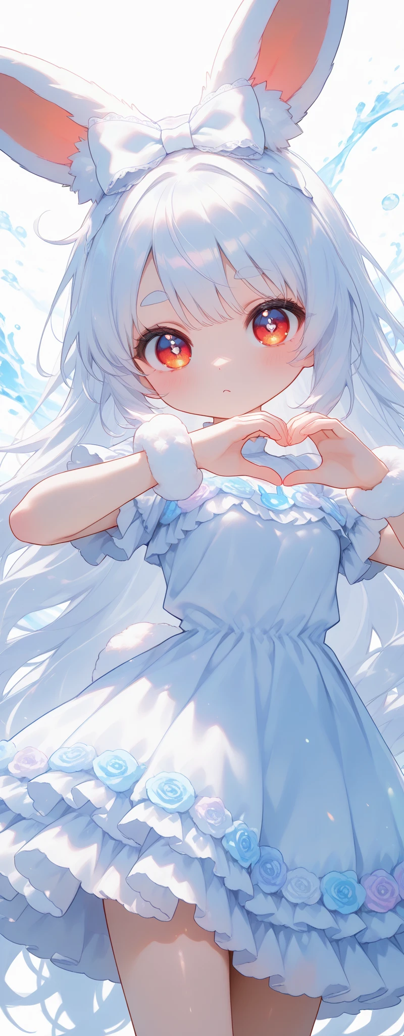 (solo:1.2),1girl\(chibi,cute,kawaii,(white hair:1.4),(very long hair:1.6),bangs,(ear\(fluffy,white,rabbit-ear\):1.4),red eye,big eye,beautiful shiny eye,detailed pupils,skin color white,big black hairbow,(white frilled silky dress:1.3),breast,cute pose,cute hand sign,korean idol pose,cute symbol in eye,\),colorful roses,beautiful water splash,beautiful day\),close-up girl,3d,(((dynamic pose))),masterpiece,best quality,newest,