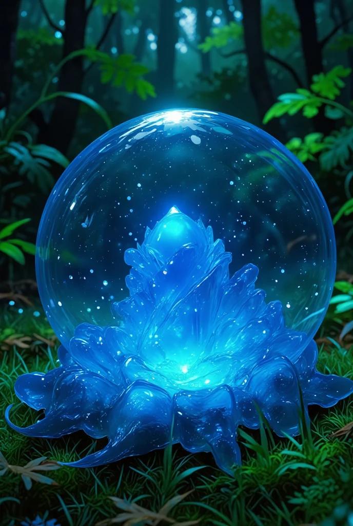 A creature made out of slime, like a gelatinous sphere of blue liquid. Enclosed within it is a small blue spherical crystal. It is in a forest on the grass.