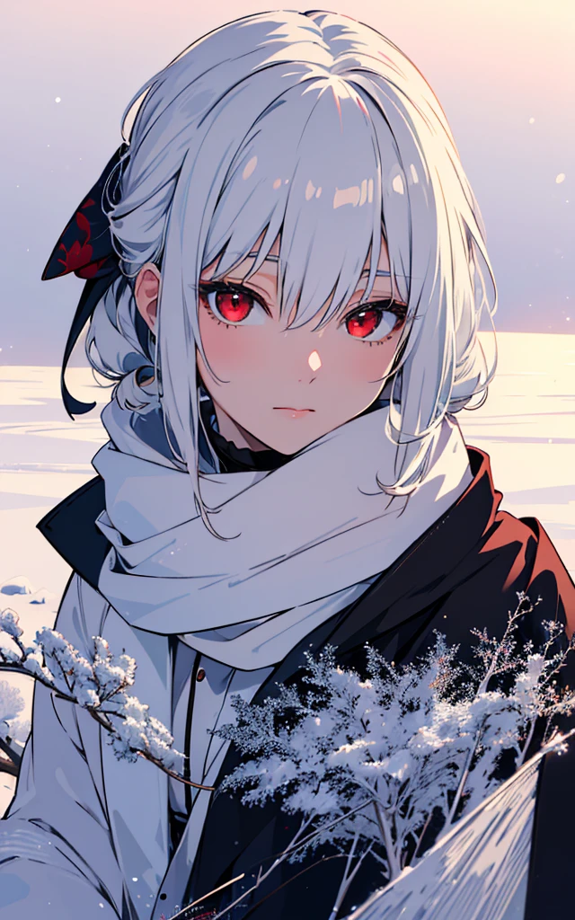 (best quality,4k,8k,highres,masterpiece:1.2),ultra-detailed,white hair,scarf,snow,red eyes,portrait,icy blue,soft illumination,crisp shadows, winter,serene expression,magical solitude,vivid colors,subtle gradients,fine brushstrokes