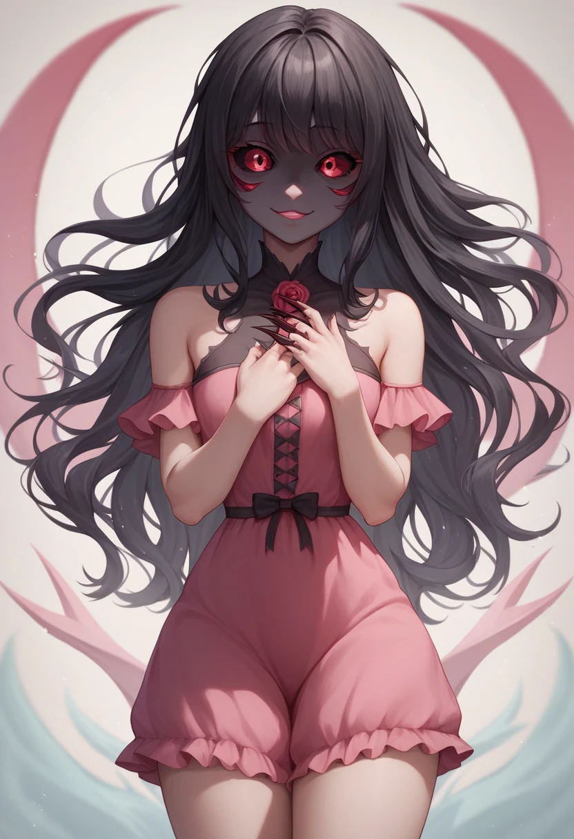 fly away, cute appearance,kwaii,cute,anime, Better quality,   masterpiece ,  highres icon, ( masterpiece ),  Better quality,  High resolution ,  style,  detailed background , dark, 1 ,   Very long black hair , bangs covering one of her eyes ,  red eyes , black sclera looking at the viewer, Yandere, rosto Yandere,  shaded face, cute appearance,cute face,Loose hair,PINK LIPSTICK,  cute looking like a monster , sharp claws, Black sclera ,  long hair and cute ,sexy clothes, thick thighs, big boobs,pink sexy dress