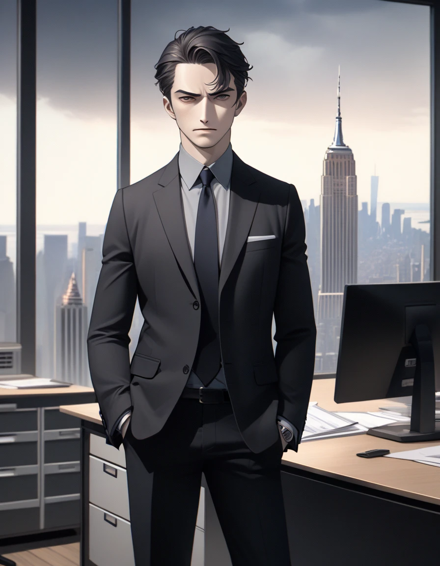 (masterpiece), ( top quality ), (employment), 1 male, Men&#39;s Center, Alone,  focus only , whole body,  ties, pants,  shirt, Alone, suit,  New York background ,  cowboy shot, Noir atmosphere 、Confused face。Face working in office、　 hates users 　Scornful face　 anime style