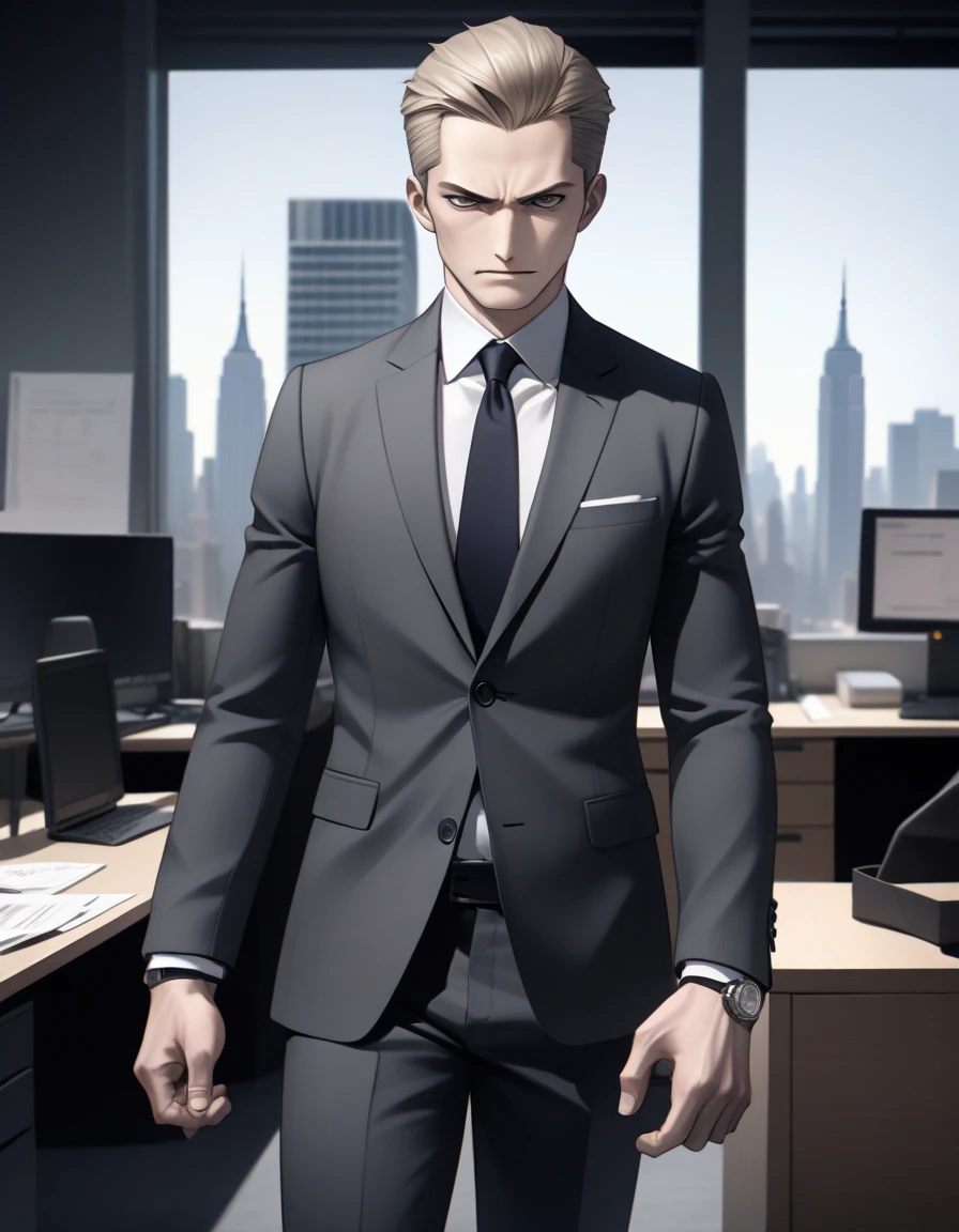 (masterpiece), ( top quality ), (employment), 1 male, Men&#39;s Center, Alone,  focus only , whole body,  ties, pants,  shirt, Alone, suit,  New York background ,  cowboy shot, Noir atmosphere 、Confused face。Face working in office、　 hates users 　Scornful face　 anime style