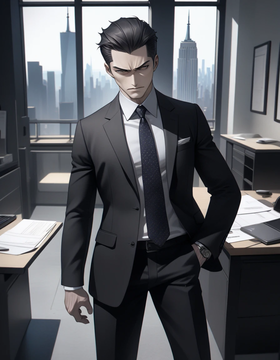 (masterpiece), ( top quality ), (employment), 1 male, Men&#39;s Center, Alone,  focus only , whole body,  ties, pants,  shirt, Alone, suit,  New York background ,  cowboy shot, Noir atmosphere 、Confused face。Face working in office、　 hates users 　Scornful face　 anime style