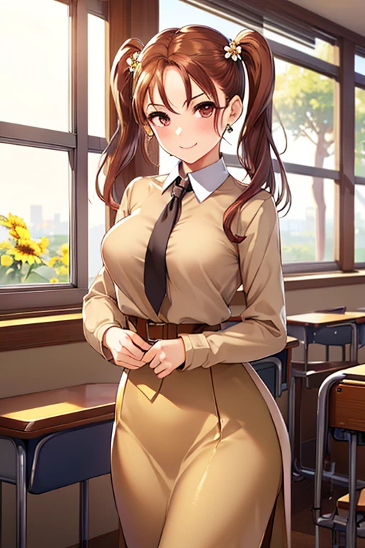 Jessica,  shiny maroon hair,  twin tails, ( beautiful brown eyes、 center split)、smile、 super detailed eyes、 Highly Detailed Faces ,  highly detailed eyes ,cowboy shot,、(Alone,  one girl)、 ,Master Piece,  top quality ,  high res, masterpiece , 




((1 Female, Alone,  beige tailored suit,  Beige Pencil Skirt , Black blouse,  conceited  )), ((teacher, classroom background, Business career ,  window,  sunny day, 低tree, tree々, flower, classroom))