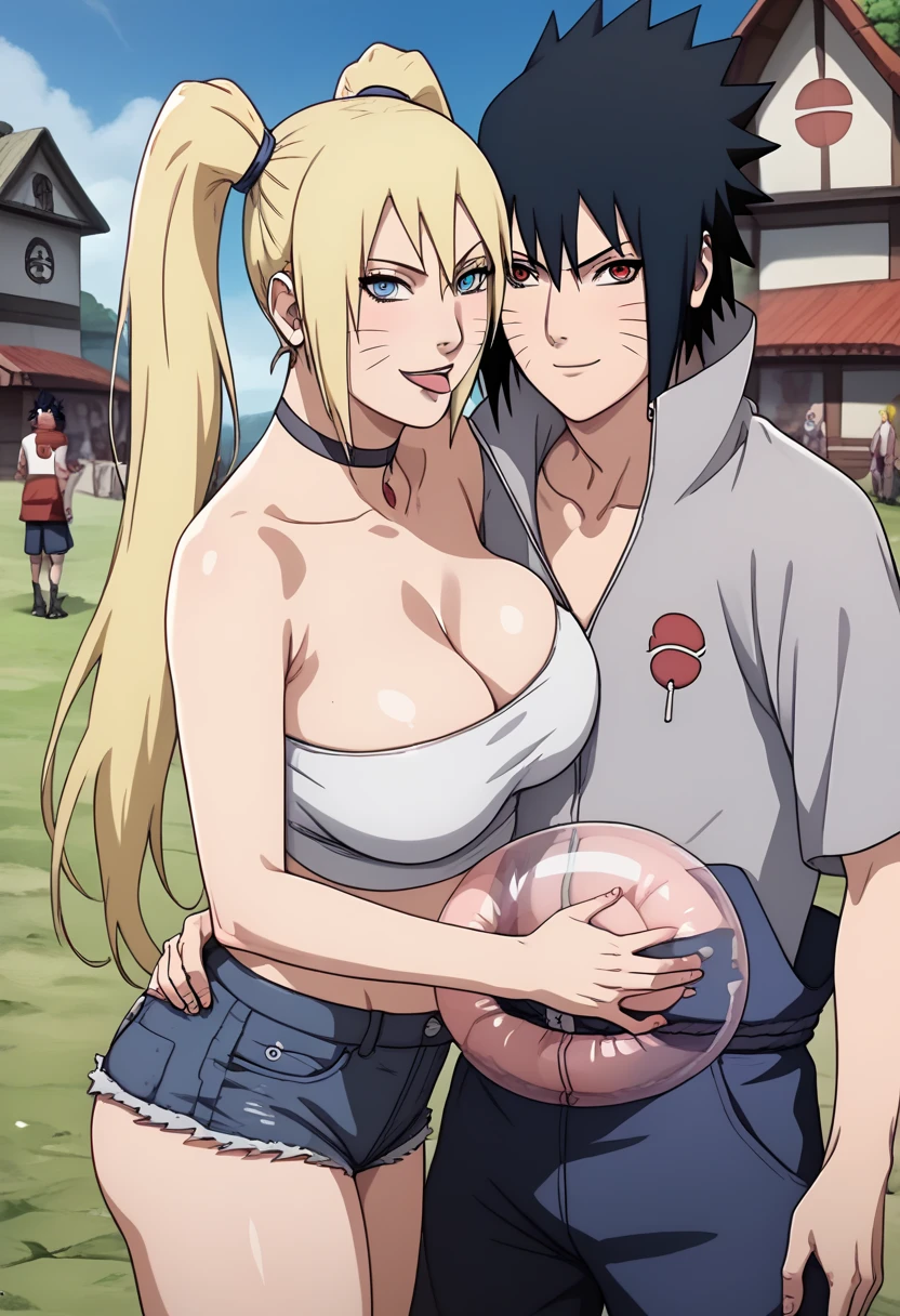 masterpiece, best quality, extremely detail 8k cg, high resolution, 1girl,1boy, duo, mature female, black and orange erotic tube top_SexyJusuNaruto_Naruko_ownwaifu, 1girl, blonde hair, naruko \(naruto\), twintails, long hair, facial mark, whiskers, whisker markings, blue eyes, large breasts, hair between eyes, bangs, orange erotic tube top, micro denim shorts , cleavage, choker, collarbone, onastick, day time, outdoors, konohavillage, beautiful face, seductive expression, smirk, medium full shot,headband , one boy ,one boy grab girl's ass, Sasuke Uchiha ,boy,black hair,red eyes sharingan,lick girl's breast with tongue 