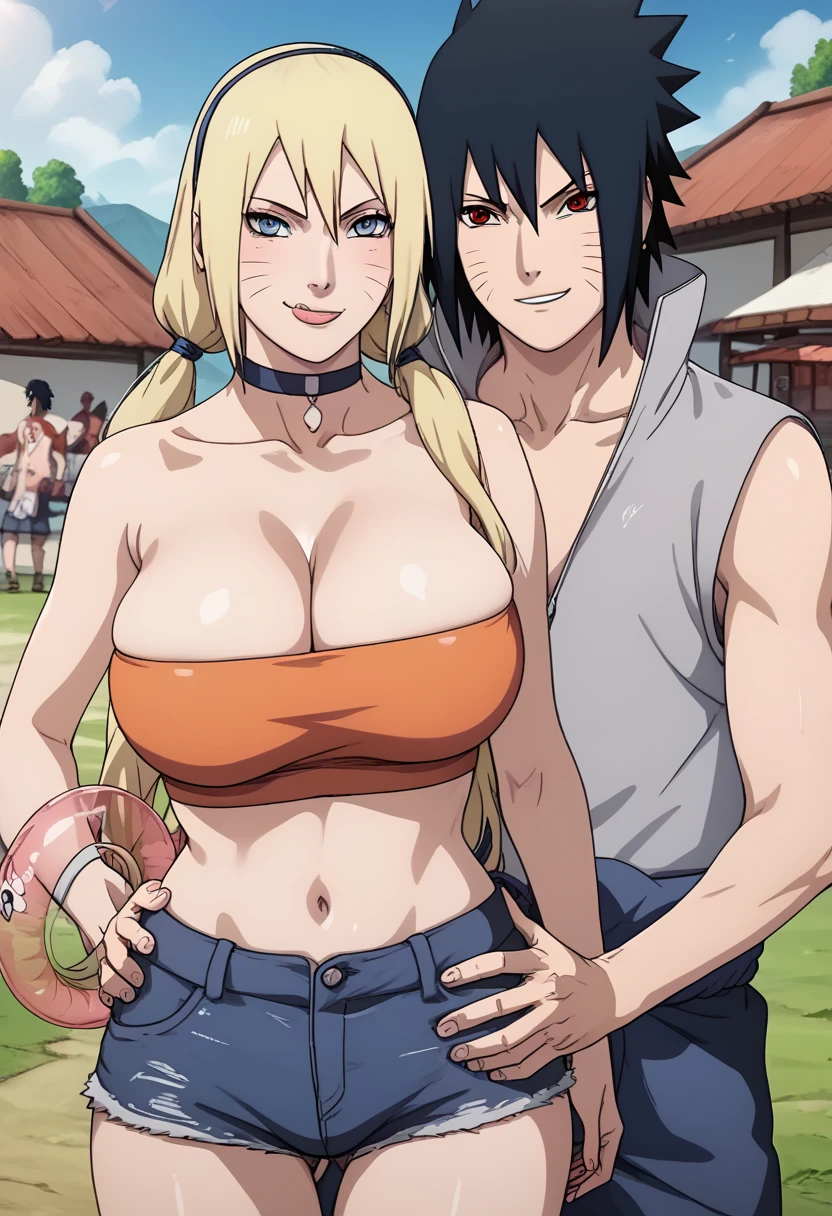 masterpiece, best quality, extremely detail 8k cg, high resolution, 1girl,1boy, duo, mature female, black and orange erotic tube top_SexyJusuNaruto_Naruko_ownwaifu, 1girl, blonde hair, naruko \(naruto\), twintails, long hair, facial mark, whiskers, whisker markings, blue eyes, large breasts, hair between eyes, bangs, orange erotic tube top, micro denim shorts , cleavage, choker, collarbone, onastick, day time, outdoors, konohavillage, beautiful face, seductive expression, smirk, medium full shot,headband , one boy ,one boy grab girl's ass, Sasuke Uchiha ,boy,black hair,red eyes sharingan,lick girl's breast with tongue 