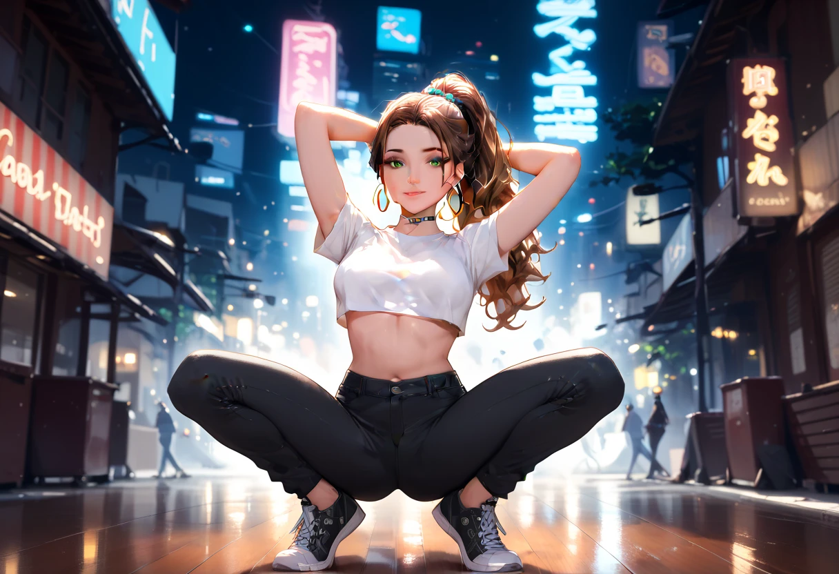 1girl, dark_wavy_hair_tied_in_a_high_ponytail, piercing_green_eyes_with_a_teasing_glint, caramel_skin_glistening_under_neon_lights, wearing_a_sleek_black_crop_top_and_leather_pants, oversized_hoop_earrings, arms_above_head_as_she_moves_to_the_music, crowded_dance_floor_with_vibrant_lighting, confident_and_commanding_aura, masterpiece, 4K