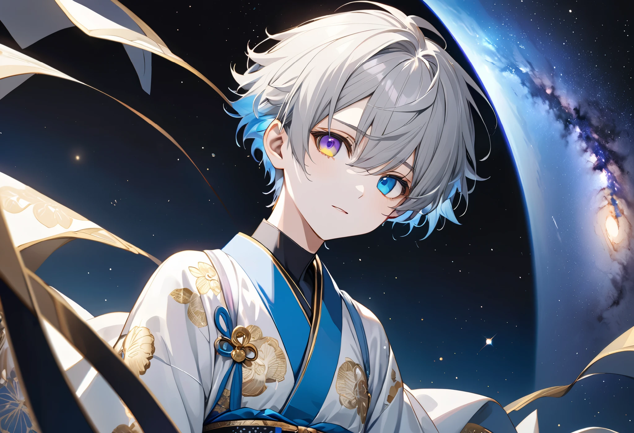 fresh illustration ,
Superfine painting,
very delicate illustration ,
Very fine details ,
Picture of only one boy ,
Height: 158cm,
white skin,
The right eye is purple and the left eye is blue iris heterochromia ,
beautiful eyes,
large black pupils ,
short hair with shadows,
Gray Hair,
hair roots are bluish ,
hair has gradation ,
shiny hair with makeup,
cute faces ,
pretty face
There is a small shining ring on the back of the head,
raised eyebrows ,
and her upper body is wearing a kimono in kimono,
Masculine physique,
six pack,
Super small breasts,
No boobs,
The color of the belt is black ,
Overall white clothes ,
tasteful embroidery with gold thread ,
fine fabric clothing ,
Isometric,
Golden Ratio,
god々 like atmosphere,
wearing blue colored padded collar innerwear ,
outer space ,
Milky Way,
Little Star々 upper body ,
tactical use of shadows ,
rings of the head and hair do not stick out of the angle of view,
standing picture ,
Bust Shots,