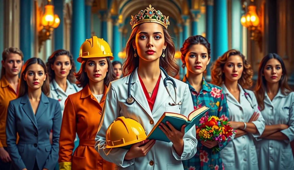 A modern and artistic composition featuring seven diverse women of Central American heritage, aged between 30 and 60, each wearing an elegant crown. The women are standing together in a cohesive group in front of the grand entrance of a majestic palace, with ornate architectural details visible behind them. Each woman is portrayed in her professional environment: a doctor in a white coat with a stethoscope, a firefighter in full gear holding a helmet with subtle flames in the background, a scientist in a lab coat working with beakers and microscopes, a teacher in a colorful classroom holding a book, an engineer wearing a hard hat at a construction site, a chef in a professional kitchen holding a plate of food, and an artist in a studio with a palette and brushes. The lighting is warm and cinematic, with vibrant details and a dark fantasy aesthetic, emphasizing the unique identity and empowerment of each woman. The crowns are elegant and symbolic, highlighting their importance and value.