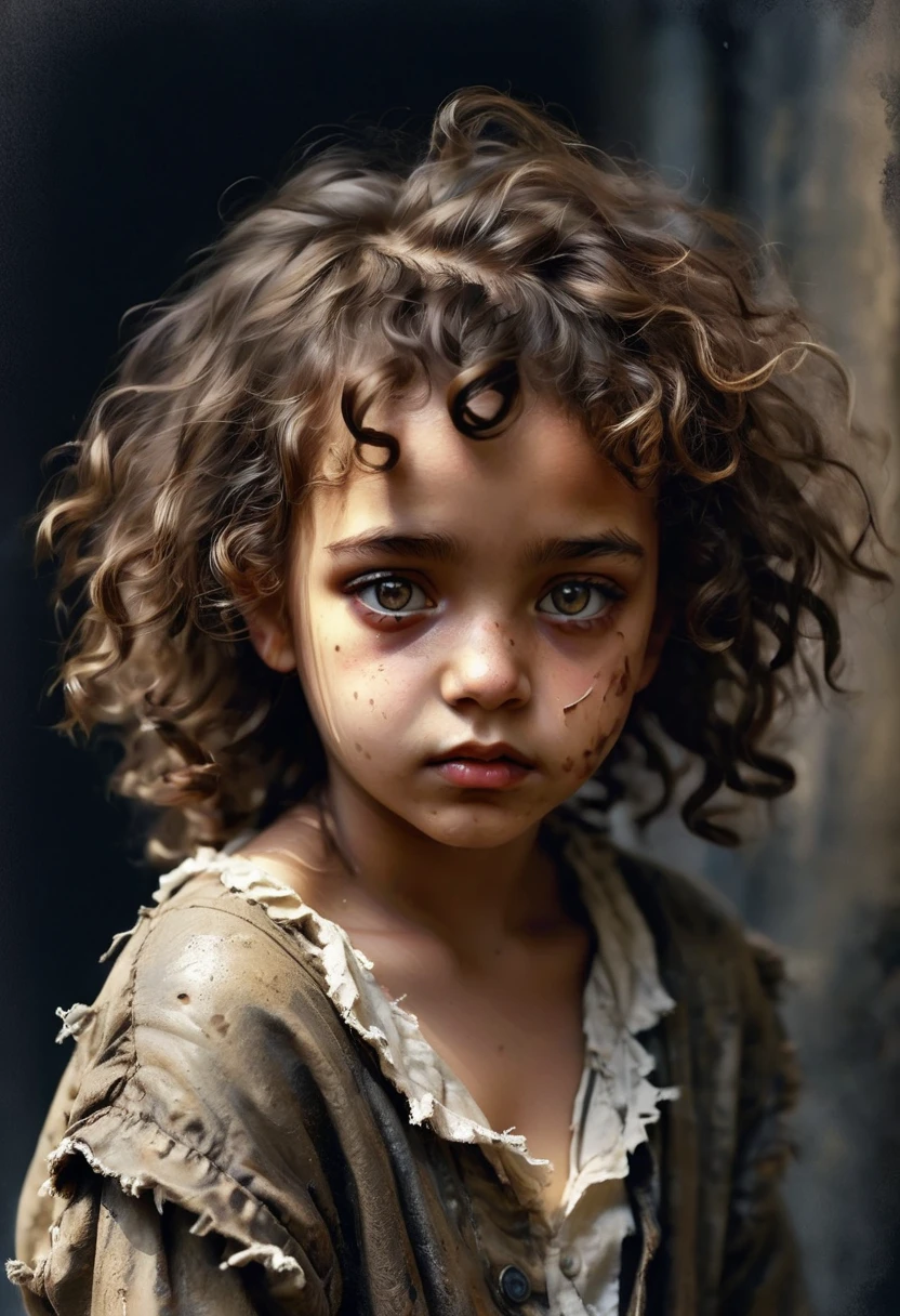 (modeling shoot), Sad little stray girl  ((dressing in old torn clothes)), ( dark skin ),  1girl, One,  with brown curly and disheveled hair,  Very detailed face,  beautiful eyes , [chubby],  charming , with rosy cheeks and bright, sad eyes, stunningly beautiful, ( Rembrandt lighting ), 