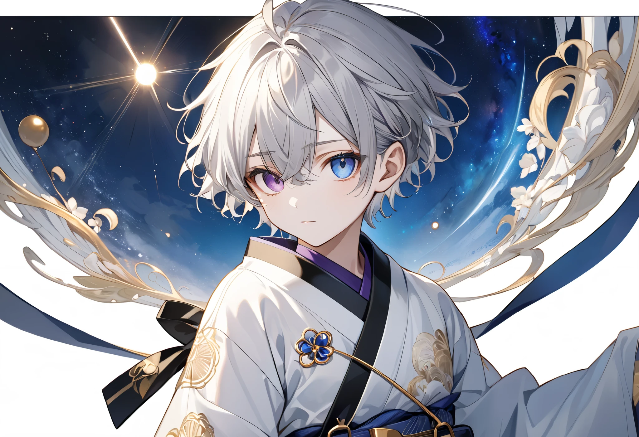  fresh illustration ,
Superfine painting,
 very delicate illustration ,
 Very fine details ,
Picture of only one boy ,
Height: 158cm,
 white skin,
The right eye is purple and the left eye is blue iris heterochromia ,
 beautiful eyes,
 large black pupils ,
 short hair with shadows,
Gray Hair,
 hair roots are bluish ,
 hair has gradation ,
 shiny hair with makeup,
 cute faces ,
pretty face
There is a small shining ring on the back of the head,
 raised eyebrows ,
 and her upper body is wearing a kimono in kimono,
Masculine physique,
 six pack,
Super small breasts,
No boobs,
The color of the belt is black ,
Overall white clothes ,
 tasteful embroidery with gold thread ,
 fine fabric clothing ,
Isometric,
Golden Ratio,
god々 like atmosphere,
 wearing blue colored padded collar innerwear ,
 outer space ,
Milky Way,
Little Star々 upper body ,
 tactical use of shadows ,
 rings of the head and hair do not stick out of the angle of view,
 standing picture ,
 Bust Shots,