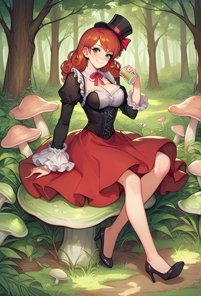  best quality, solo, 1girl, round breasts, blushing, smiling, long red curly hair, black top hat on her head tied with a green, red ribbon, green eyes, too man frills, black corset top, long red skirt with frilly trimmings, black Mary jane shoes, white frilly socks, long frilly sleeves, drinking tea from a tea cup, a mouse sits on her shoulders, light makeup, freckles, animal companion on her shoulder, sitting on a mushroom plant, forest background/landscape, beautiful girl