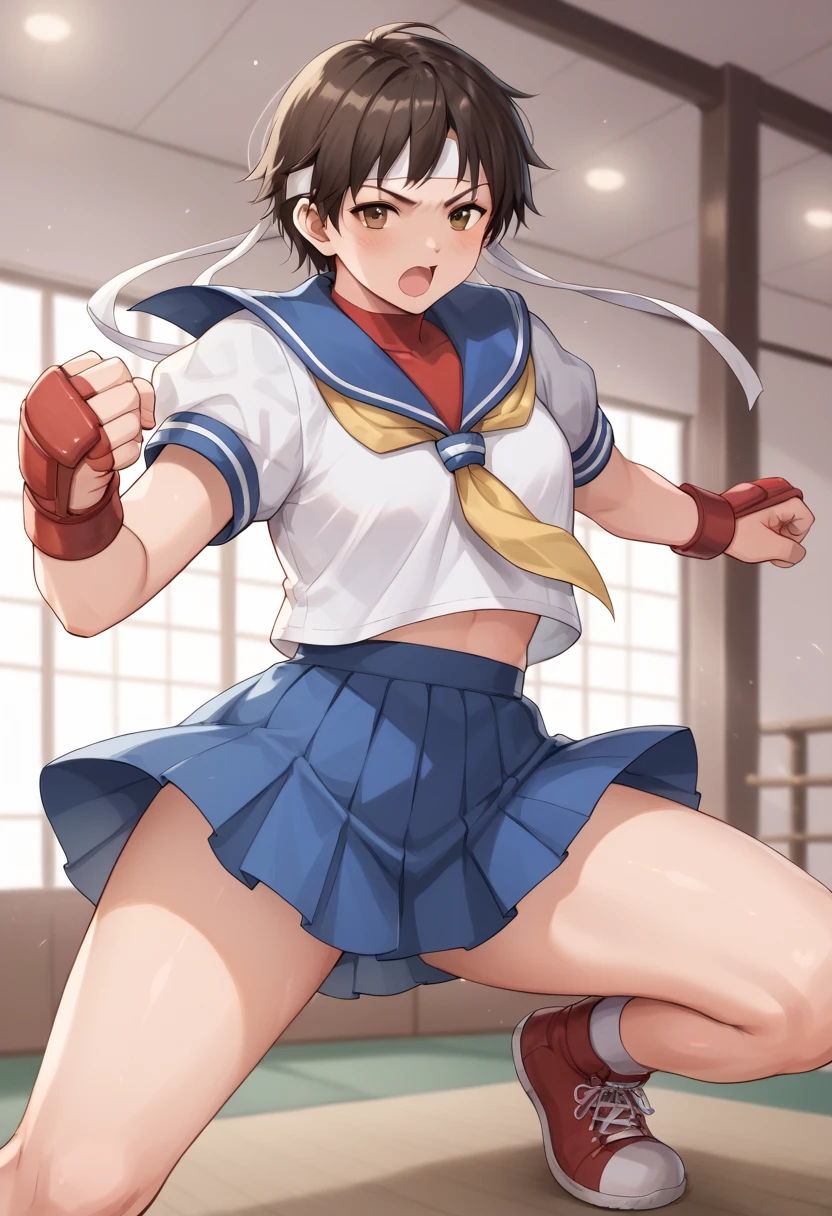  Sakura Kasugano, fighting pose,  sailor suit, dojo