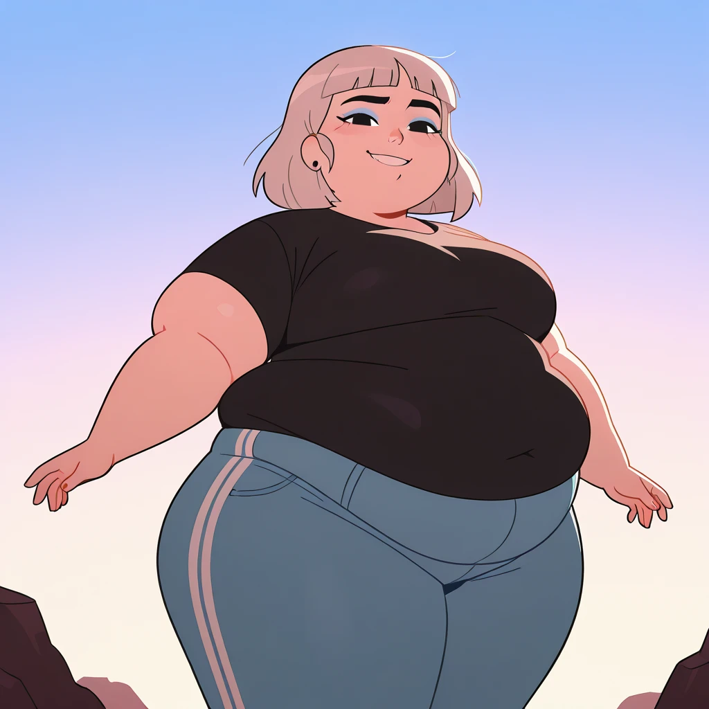 masterpiece, volumetric lighting, (art by MysteryDad:0.6), (art by BeltBuster:0.5), (Édouard Manet art style:1.2), 
solo, 1girl, 
fat, clothed midsection, t-shirt, jeans, night, moon, forest, cowboy shot, wide hips