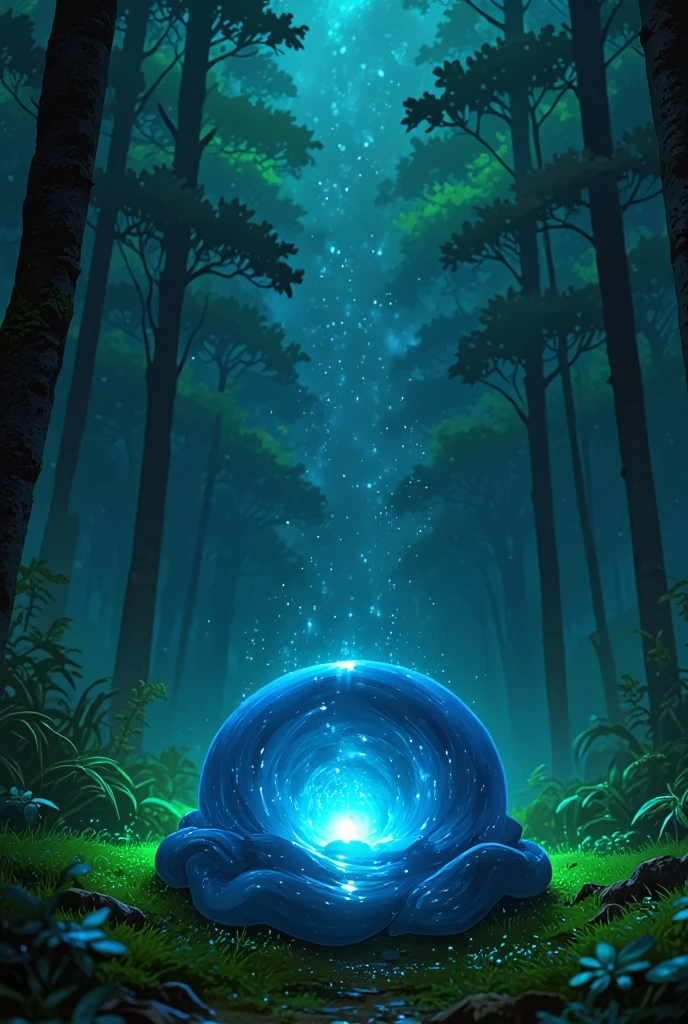 A creature made out of slime, like a gelatinous sphere of blue liquid. Enclosed within it is a small blue spherical crystal core. It is in a forest on the grass. gravity squishes it down a little bit.