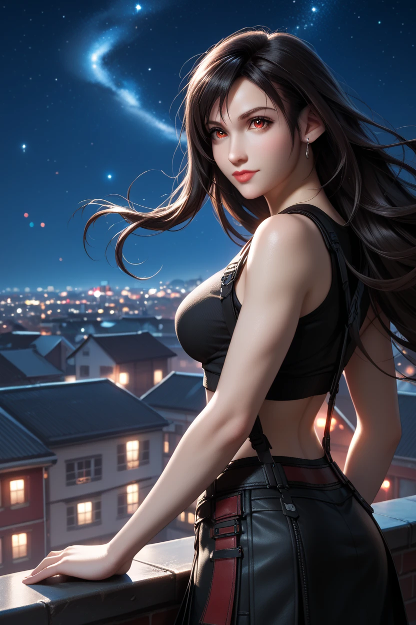 score_9, score_8_up, score_7_up,
FF7Tifa, 1girl, black hair, red eyes, long hair, looking at viewer, standing on a rooftop at night, city lights twinkling below, wind gently blowing hair, starry sky above, mysterious and enchanting ambiance