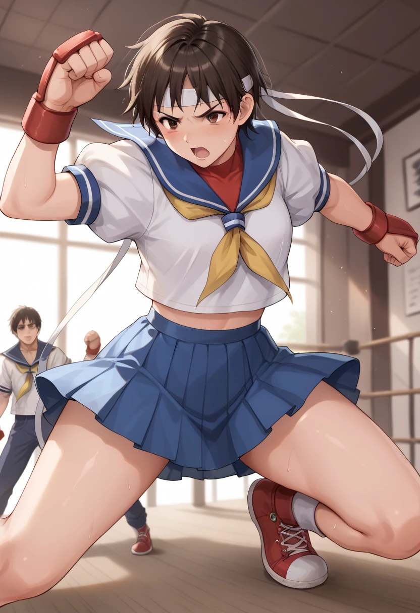  Sakura Kasugano, fighting pose,  sailor suit, dojo,  rape